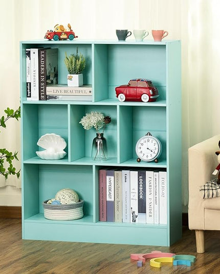 LEYAOYAO 7 Cube Bookshelf with Base,3 Tier Modern Mint-Green Kids Bookcase,Standing Wide Bookshelves Storage Organizer Toy Shelf,Wood Display Children's Book Shelves for Bedroom,Living Room,Nursery - LeafyLoom