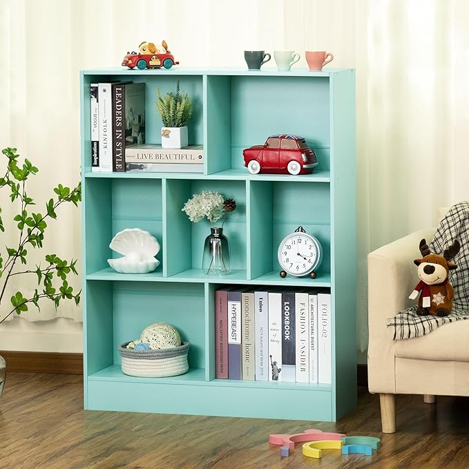 LEYAOYAO 7 Cube Bookshelf with Base,3 Tier Modern Mint-Green Kids Bookcase,Standing Wide Bookshelves Storage Organizer Toy Shelf,Wood Display Children's Book Shelves for Bedroom,Living Room,Nursery - LeafyLoom
