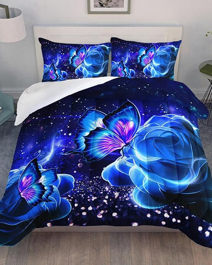 Galaxy Butterfly Comforter Set Queen Size for Girls Kids Adults Butterfly Rose Bedding Set Aesthetics Butterflies Quilt Bed Set with 1 Comforter and 2 Pillowcases - LeafyLoom