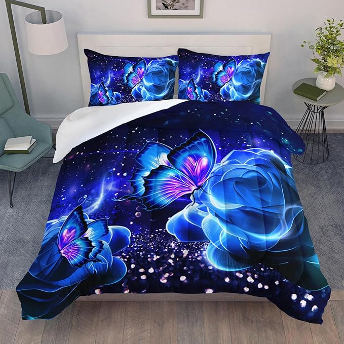 Galaxy Butterfly Comforter Set Queen Size for Girls Kids Adults Butterfly Rose Bedding Set Aesthetics Butterflies Quilt Bed Set with 1 Comforter and 2 Pillowcases - LeafyLoom