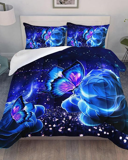 Galaxy Butterfly Comforter Set Twin Size for Girls Kids Adults Butterfly Rose Bedding Set Aesthetics Butterflies Quilt Bed Set with 1 Comforter and 2 Pillowcases - LeafyLoom
