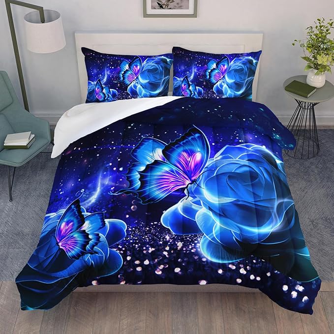 Galaxy Butterfly Comforter Set Twin Size for Girls Kids Adults Butterfly Rose Bedding Set Aesthetics Butterflies Quilt Bed Set with 1 Comforter and 2 Pillowcases - LeafyLoom