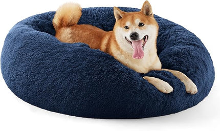 Bedsure Calming Dog Bed for Medium Dogs - Donut Washable Medium Pet Bed, 30 inches Anti-Slip Round Fluffy Plush Faux Fur Cat Bed, Fits up to 45 lbs Pets, Navy BEDSURE