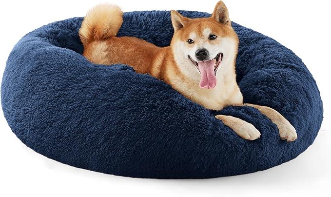 Bedsure Calming Dog Bed for Medium Dogs - Donut Washable Medium Pet Bed, 30 inches Anti-Slip Round Fluffy Plush Faux Fur Cat Bed, Fits up to 45 lbs Pets, Navy BEDSURE