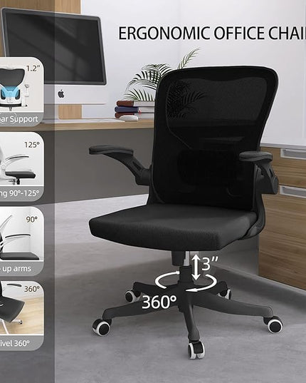 Office Chair, Ergonomic Office Chair Desk Chair with Lumbar Support & 2D Flip-up Arms Height Adjustable Home Office Desk Chairs Rockable High Back Computer Chair Black Mesh Study Chair - LeafyLoom