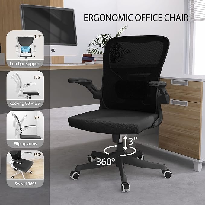 Office Chair, Ergonomic Office Chair Desk Chair with Lumbar Support & 2D Flip-up Arms Height Adjustable Home Office Desk Chairs Rockable High Back Computer Chair Black Mesh Study Chair - LeafyLoom