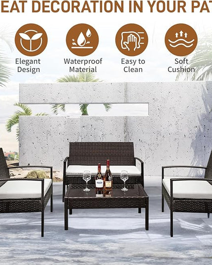 Outvita 4 Pieces Patio Furniture Set, Rattan Conversation Sets with Loveseat Soft Cushion and Glass Table for Garden Backyard Balcony Porch Poolside(Black) - LeafyLoom