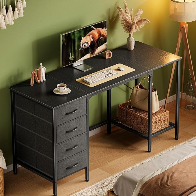 55 Inch Computer Desk with 4 Drawers, Office Desk with Mesh Shelf, Gaming Desk, Large Storage, Writing Desk Work Desk for Home Office, Study, Bedroom, Work from Home, Black - LeafyLoom