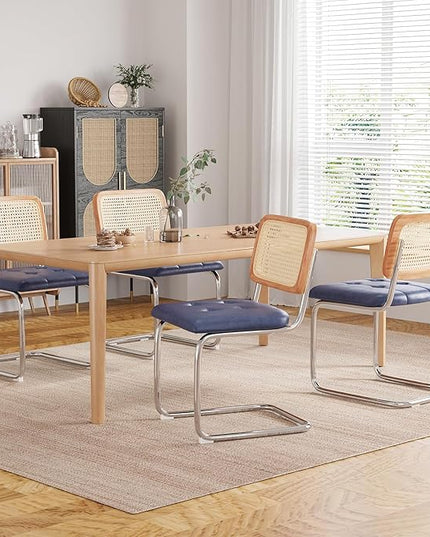 Farini Kitchen Dining Chairs Set of 2,Mid-Century Modern Chair Armless Mesh Backrest Cane Rattan Chairs for Home Dining Room(Royal Blue,PU Leather) - LeafyLoom