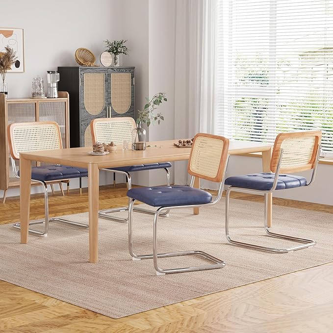 Farini Kitchen Dining Chairs Set of 2,Mid-Century Modern Chair Armless Mesh Backrest Cane Rattan Chairs for Home Dining Room(Royal Blue,PU Leather) - LeafyLoom