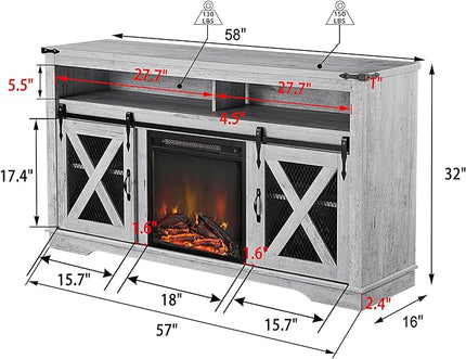 Okvnbjk Fireplace TV Stand for TVs up to 70", Entertainment Center with 18" Electric Fireplace, Farmhouse TV Stand Industrial Media Console with Sliding Barn Door for Living Room, 58 Inch, White Oak - LeafyLoom