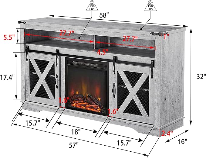 Okvnbjk Fireplace TV Stand for TVs up to 70", Entertainment Center with 18" Electric Fireplace, Farmhouse TV Stand Industrial Media Console with Sliding Barn Door for Living Room, 58 Inch, White Oak - LeafyLoom