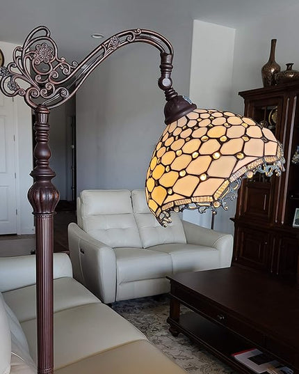 Amora Tiffany Style Floor Lamp Jeweled Jagged Edge Arched 62" Tall Stained Glass White Tan Antique Vintage Light Decor Bedroom Living Room Reading Gift AM122FL12B Lighting - LeafyLoom