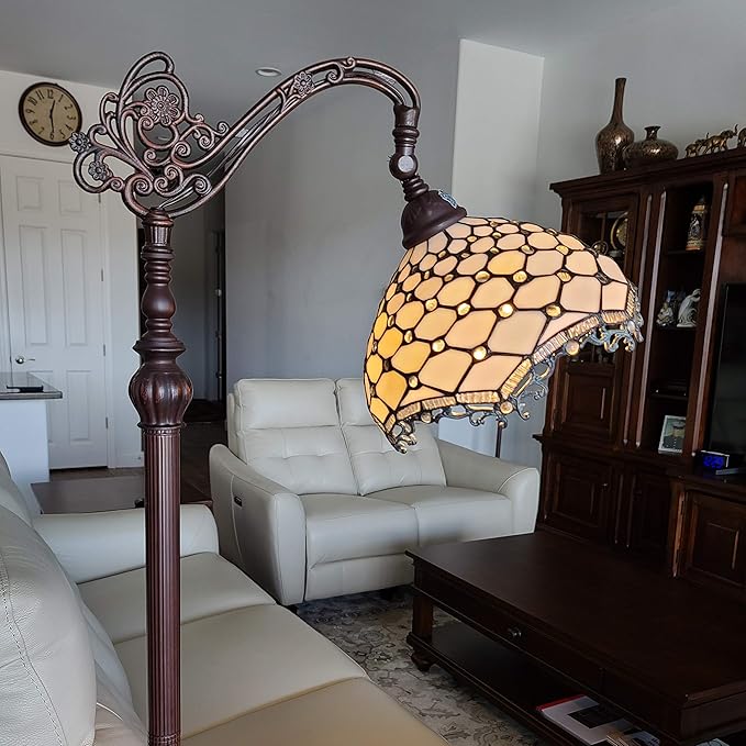 Amora Tiffany Style Floor Lamp Jeweled Jagged Edge Arched 62" Tall Stained Glass White Tan Antique Vintage Light Decor Bedroom Living Room Reading Gift AM122FL12B Lighting - LeafyLoom