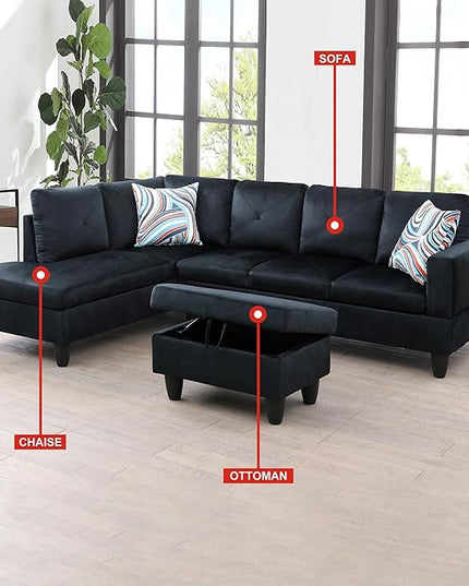L-Shaped Sectional Couches with 66.5'' Chaise Lounge & Storage Ottoman Modular Room Sofas for Home Office Apartment, Large Living Furniture, 97'' Left Hand Facing, Midnight Blue Microfiber - LeafyLoom