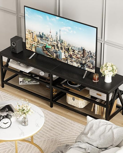 TV Stand for TV up to 70 Inch, Long 63" TV Cabinet with 3-Tier Storage Shelves,Entertainment Center TV Console Table for Living Room with Industrial TV Metal Frame, Black Oak - LeafyLoom
