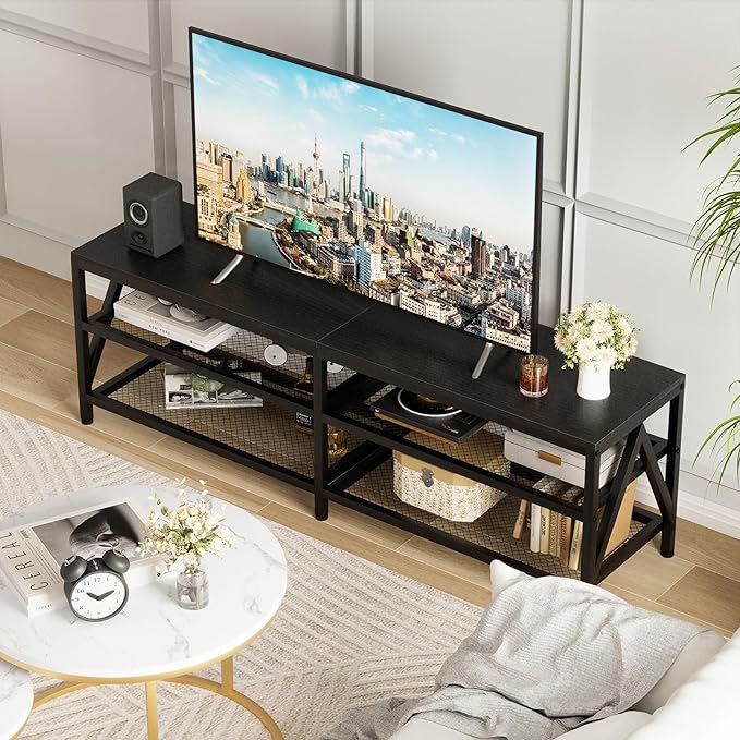 TV Stand for TV up to 70 Inch, Long 63" TV Cabinet with 3-Tier Storage Shelves,Entertainment Center TV Console Table for Living Room with Industrial TV Metal Frame, Black Oak - LeafyLoom