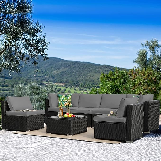 ClawsCover 14Pack Outdoor Patio Seat and Back Cushions Replacement Covers Fit for 7Pieces 6-Seater Wicker Rattan Sectional Couch Chair Furniture Set,Dark Grey-Include Cover Only (Large) - LeafyLoom