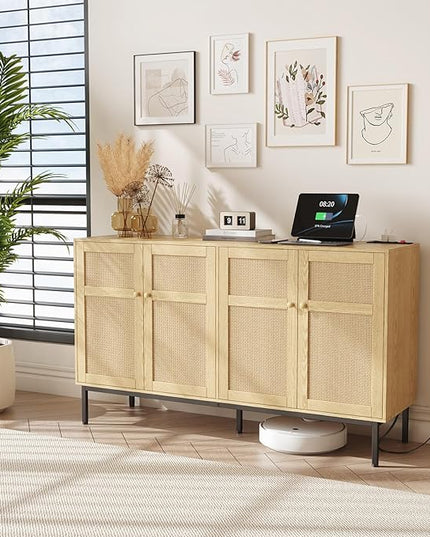 Lifewit Rattan Sideboard Buffet Cabinet, Console Table with Power Outlet, Credenza, Storage Cabinet, Coffee Bar Cabinet for Kitchen, Dining Room, Living Room, Entryway, 4 Doors, Natural - LeafyLoom