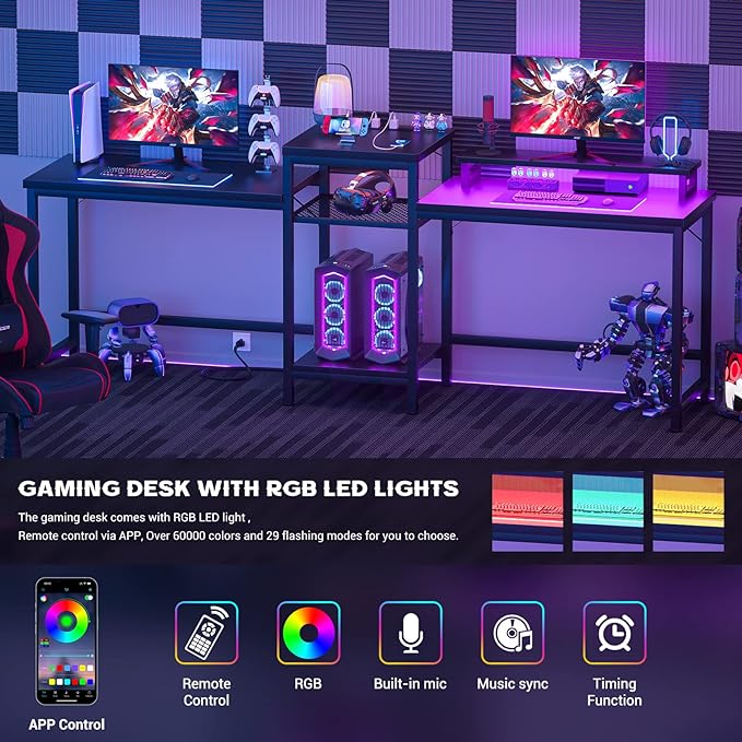 Unikito 2 Person Computer Desk with LED Light and Power Outlet, Double Gaming Desk, Large Workstation with Storage and Printer Stand, Long Desk, Office Work Desk with Shelf, Writing Study Table, Black - LeafyLoom