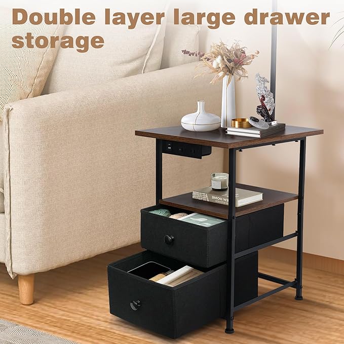 PESRAE Floor Lamp with Table & 2 Drawers, End Table with 3 Color Temperature Reading Light, Side Table Lamp with USB & Type C & AC Charging Port for Living Room, Bedroom - LeafyLoom
