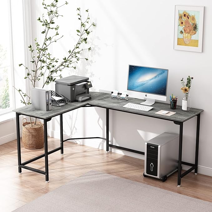 66 Inch L-Shaped Corner Computer Desk, Home Office Desk, Large Space Gaming Desk, Studying Writing Table Workstation, Gray - LeafyLoom