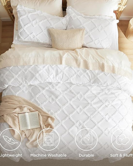 Bedsure Boho Comforter Set King - White Tufted Bedding Comforter Set, 3 Pieces Farmhouse Shabby Chic Embroidery Bed Set, Soft Fluffy Geometric Pattern Comforter for All Seasons - LeafyLoom