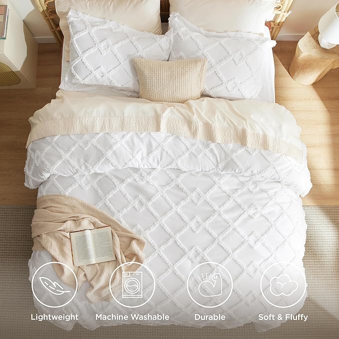 Bedsure Boho Comforter Set King - White Tufted Bedding Comforter Set, 3 Pieces Farmhouse Shabby Chic Embroidery Bed Set, Soft Fluffy Geometric Pattern Comforter for All Seasons - LeafyLoom