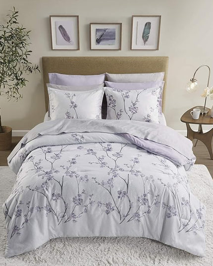 Comfort Spaces Bed in A Bag - Trendy Casual Design Cozy Comforter with Complete Sheet Set with Side Pocket, All Season Cover, Matching Shams King(104"x90"), Kate, Grey/Purple 9 Piece - LeafyLoom