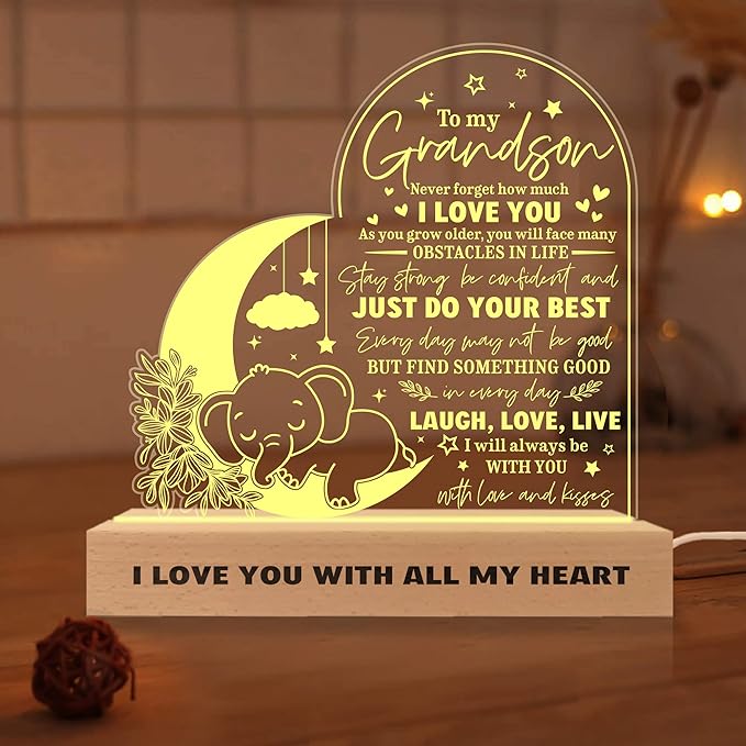 ARTSYWIX Grandson 3D Illusion Lamp w Wooden Base USB Powered Acrylic Night Light, To my Grandson Gift from Grandma & Grandpa, Son Grandson Bonus Son Boy Lamp Present, Birthday Gift Graduation Keepsake - LeafyLoom