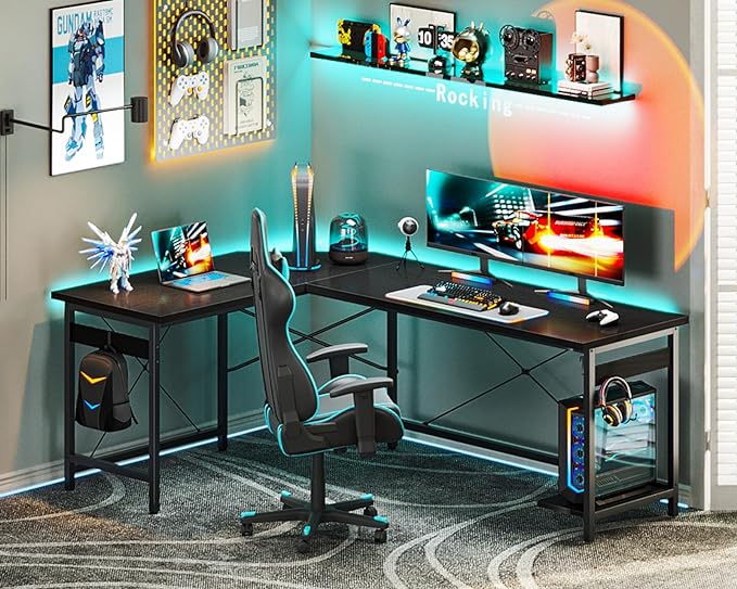 Coleshome 66" L Shaped Gaming Desk, Corner Computer Desk, Sturdy Home Office Computer Table, Writing Desk, Larger Gaming Desk Workstation, Black - LeafyLoom