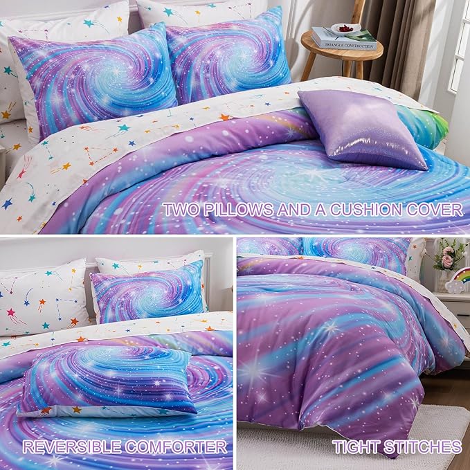 Btargot Super Soft 6 Pieces Gradient Star Ring Comforter Set, Colorful Glitter Rainbow Star Pattern Bedding Set for Boys Girls Teens, Queen Purple - LeafyLoom