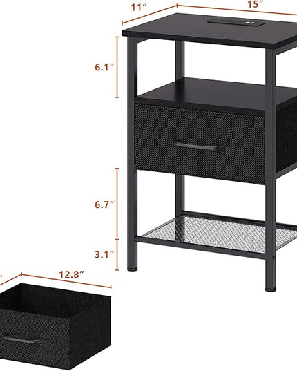 Night Stand Set 2, End Table with Charging Station, LED Bedside Table with Fabric Drawer for Bedroom, 3-Tier Side Table with Open Shelf, Black - LeafyLoom