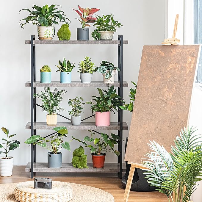 HCHQHS Bookshelf, 4-Tier Industrial Bookcase, Rustic Open Book Shelf, Freestanding Tall Bookshelves with Metal Frame - LeafyLoom