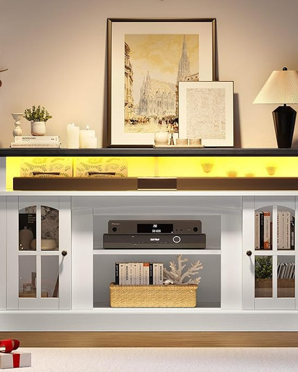 YITAHOME LED Farmhouse TV Stand for TV up to 65 Inch w/Outlets, Highboy Media Entertainment Center Console Table Adjustable Storage Shelves &Cabinet Glass Door for 400lbs for Living Room, White - LeafyLoom