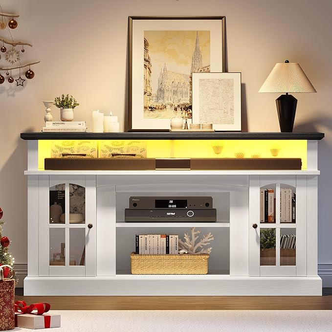 YITAHOME LED Farmhouse TV Stand for TV up to 65 Inch w/Outlets, Highboy Media Entertainment Center Console Table Adjustable Storage Shelves &Cabinet Glass Door for 400lbs for Living Room, White - LeafyLoom