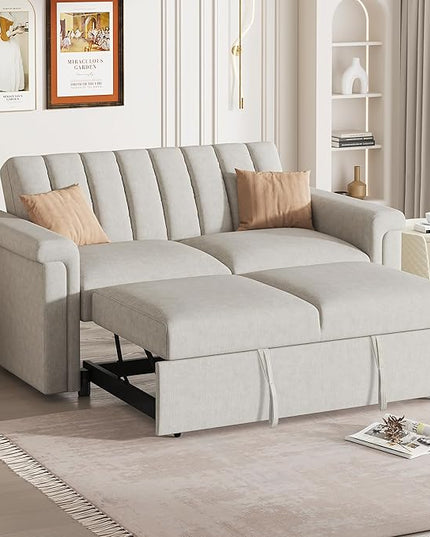 3 in 1 Oversized Convertible Loveseat Sleeper Sofa Bed,Contemporary Channel Tufted Love Seats Sofabed W/Pull Out Sleep Couch,Thicker Cushions and Padded Armrests for Living Room, 61", Beige-368 - LeafyLoom
