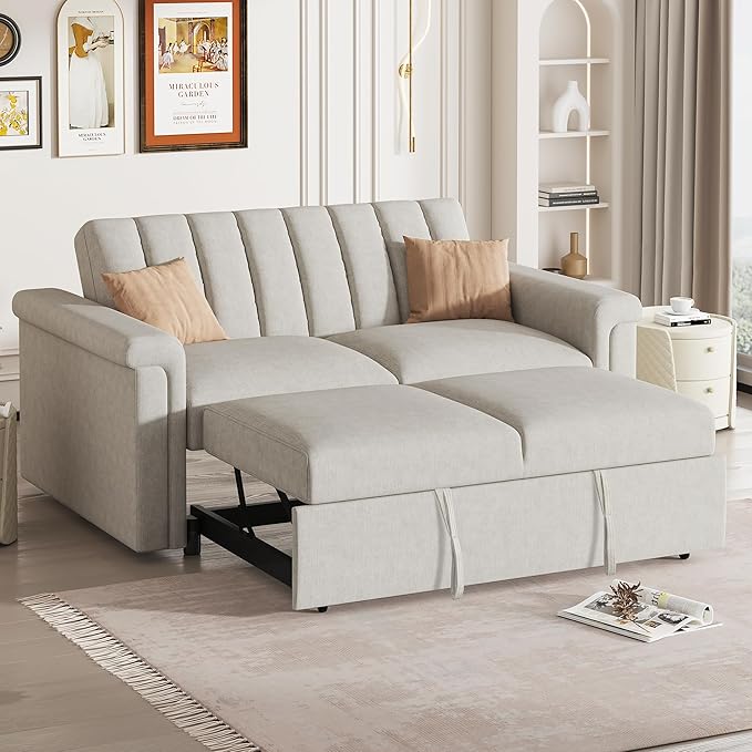 3 in 1 Oversized Convertible Loveseat Sleeper Sofa Bed,Contemporary Channel Tufted Love Seats Sofabed W/Pull Out Sleep Couch,Thicker Cushions and Padded Armrests for Living Room, 61", Beige-368 - LeafyLoom