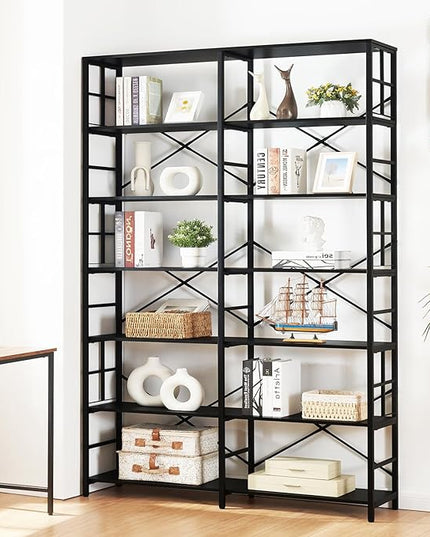 HOMISSUE Tall Bookshelf, 84" Bookshelves and Bookcases Double Wide 7-Tier Bookshelf, Tall Bookcase Wood Style and Metal Open Display Shelves for Living Room Home Office - LeafyLoom