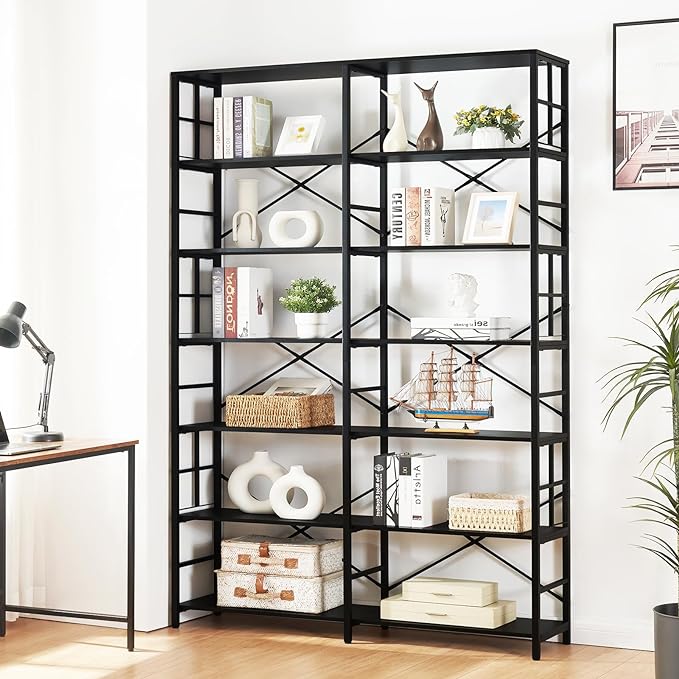 HOMISSUE Tall Bookshelf, 84" Bookshelves and Bookcases Double Wide 7-Tier Bookshelf, Tall Bookcase Wood Style and Metal Open Display Shelves for Living Room Home Office - LeafyLoom