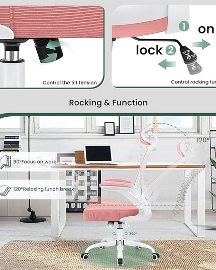 KERDOM Ergonomic Office Chair, Lumbar Support Computer Chair with Headrest and Flip-up Arms, Breathable Mesh Desk Chair, Swivel Task Chair, Adjustable Height Gaming Chair, Pink - LeafyLoom