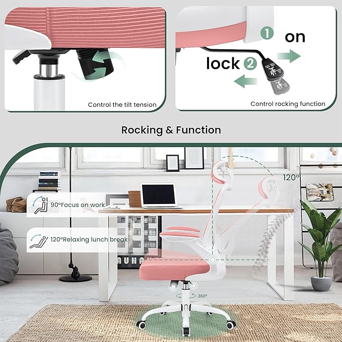 KERDOM Ergonomic Office Chair, Lumbar Support Computer Chair with Headrest and Flip-up Arms, Breathable Mesh Desk Chair, Swivel Task Chair, Adjustable Height Gaming Chair, Pink - LeafyLoom