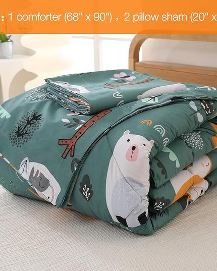 JSD Green Animal Forest Kids Comforter Set, 3 Pieces Full Microfiber Comforter with Pillow Shams, Soft Comfortable Machine Washable - LeafyLoom