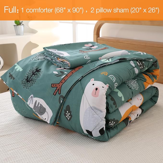 JSD Green Animal Forest Kids Comforter Set, 3 Pieces Full Microfiber Comforter with Pillow Shams, Soft Comfortable Machine Washable - LeafyLoom