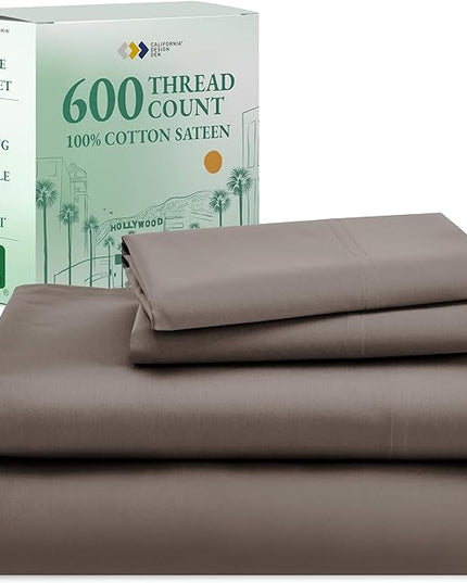 California Design Den 100% Cotton Full Size Bed Sheets, 600 Thread Count Sateen, Soft, Cooling Brown Full Size Sheet Set with Deep Pockets, Hotel-Quality Bedding - Brown - LeafyLoom
