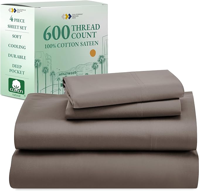 California Design Den 100% Cotton Full Size Bed Sheets, 600 Thread Count Sateen, Soft, Cooling Brown Full Size Sheet Set with Deep Pockets, Hotel-Quality Bedding - Brown - LeafyLoom