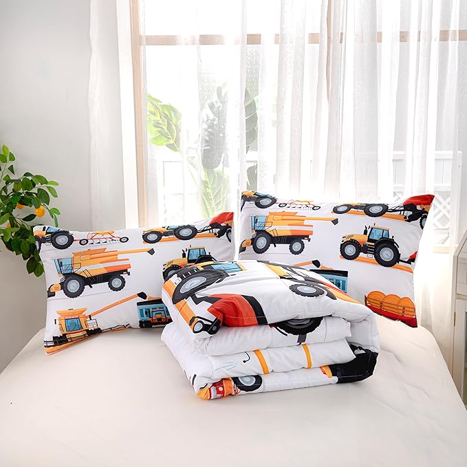CVHOUSE Tractor Bedding Sets for Boys,Excavators Comforter Twin,Boys Cartoon Truck Comforter Set,Trucks Tractors Cars Quilt Set with 1 Comforter and 2 Pillow Cases- 3 Piece - LeafyLoom