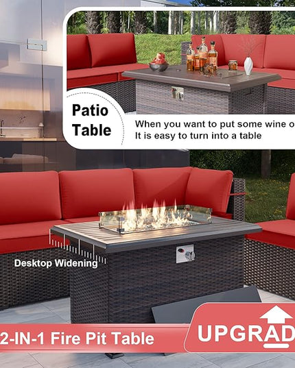 Patio Furniture Set with Fire Pit Table 13 PCS Outdoor Sectional Furniture Outdoor Rattan Patio Conversation Sets with 43in 55,000 BTU Propane Gas Fire Pit Table Glass Table, Red - LeafyLoom