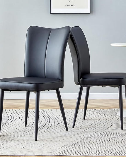 Modern Dining Chairs Set of 2, PU Leather Seat Cushions Black Dining Room Chair, with Black Metal Legs Kitchen Chair for Home Living Room, Restaurant, Black Chair Black Legs - LeafyLoom
