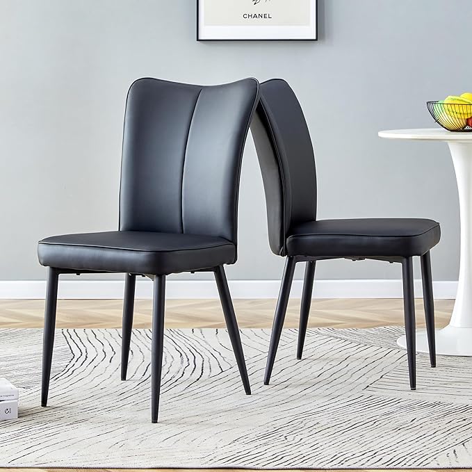 Modern Dining Chairs Set of 2, PU Leather Seat Cushions Black Dining Room Chair, with Black Metal Legs Kitchen Chair for Home Living Room, Restaurant, Black Chair Black Legs - LeafyLoom